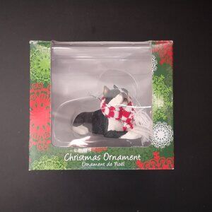 NIB Sandicast Boston Terrier Christmas Ornament with Red & White Scarf